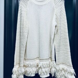 Elegant Boutique Cream Sweater with Fringe Details